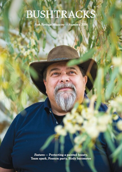The front cover of Bushtracks Autumn 2024 newsletter features Bush Heritage Aboriginal Partnerships Officer Bruce Hammond.