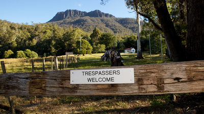 Trespassers welcome sign at Oura Oura Reserve, Liffey Valley.
