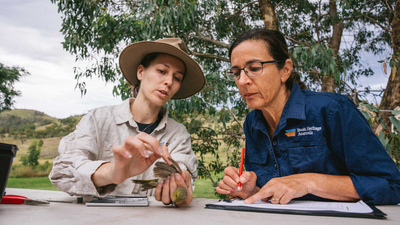 Donna Belder and Brenda Duffy recording results from bird monitoring.