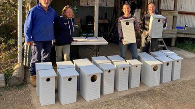 Nest box builder Max Suthern with Vicki Suthern Kim Jarvis and James Suthern.