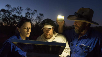 Bush Heritage staff set up an A20 acoustic recorder on Naree Station Reserve, Budjiti country, NSW. Photo by Amelia Caddy.