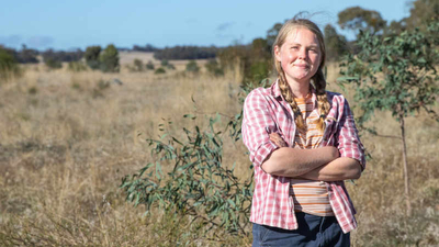 Hayley Sime on Bush Heritage's Nardoo Hills Reserve, Dja Dja Wurrung country, Vic. Photo by Eliza Herbert.