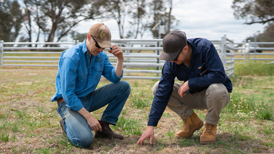 Turnip Creek farmer Chris Miller and Bush Heritage's Joel Fitzgerald. By Grassland films