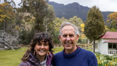 Tiahni Adamson and Dr Bob Brown at Oura Oura Reserve, Tasmania.