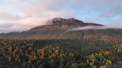 Drone image of sunrise over Dry's Bluff in Liffey Valley Tasmania.
