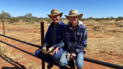 Bush Heritage volunteers Jack and Marja, an older couple, perch on a wooden fence together at Pilungah Reserve, smiling at the camera.