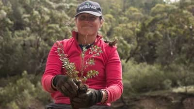 UMDR Facilitator Antia Braderman planting seedlings by the river.
