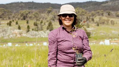 The front cover of Bushtracks Autumn 2023 newsletter shows volunteer Yi Quing at Scottsdale Reserve.