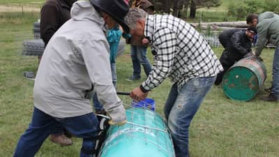 Angus and Simon from Jord International tackle Phil's new tree guard designs at Scottsdale.