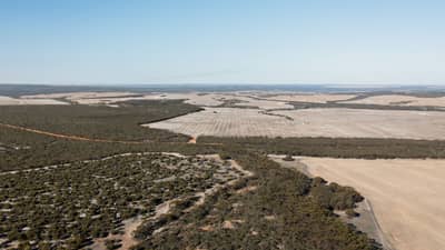 Aerial view of Dodgey Downs and neighbouring Bush Heritage reserves in the wider landscape, a patchwork of forested areas and cleared agricultural land.