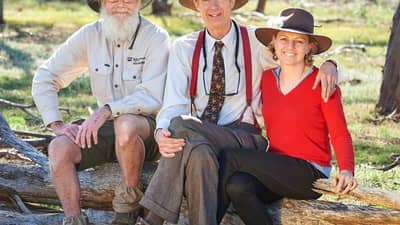 Charlie Nicholson (L), Chris Darwin (C) and Jacqueline Courtney (R) on Charles Darwin Reserve.