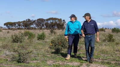 Heather Barnes and Greening Australia’s Barry Heydenrych assess a revegetation site at Ediegarrup Reserve, Goreng Noongar Country, 140 km north-east of Albany, WA. By Ann & Tom for Greening Australia