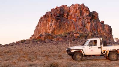 Ute in front of Dome Rock on Boolcoomatta Reserve. Photo Chris Shaw