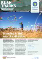 Ecologist Matt Appleby throws a quadrant measure into native grasses on the cover of Bushtracks Winter 2017.