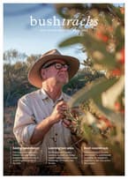 The front cover of Bushtracks Winter 2021 newsletter shows researcher Richard McLellan monitoring Sandalwood on Hamelin Station Reserve.