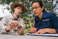 Dr Donna Belder and Brenda Duffy monitor a White-plumed Honeyeater, Ngambri and Ngarigo Country, NSW. Photo: Tad Souden.