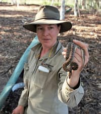 Dr Pippa Kern with a Stimsons Python (Antaresia stimsoni).