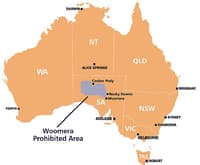 Map of Australia showing the Woomera Prohibited Areas' footprint. Image: defence.gov.au