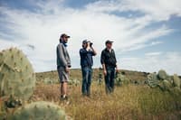 Dja Dja Wurrung Project Manager Harley Douglas, Bush Heritage Healthy Landscapes Manager Glen Norris and Dja Dja Wurrung Program Manager Nathan Wong survey Buckrabanyule. Photo Stu Heppell.