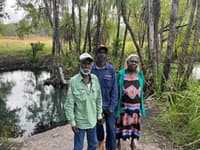 Traditional Custodians Dudley Lawrence, Leon Lawrence and Elisabeth Lawrence at Weemol Spring.
