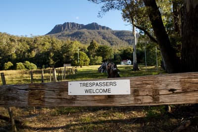 Trespassers welcome sign at Oura Oura Reserve, Liffey Valley.