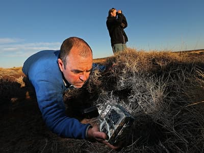 Dr Steve Murphy checking a remote camera at Pullen Pullen Reserve.