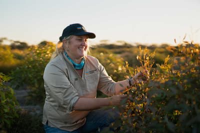 Reserve Manager Heather Barnes inspecting foliage.