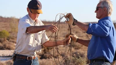 Reserve Manager Kurt Tschirner and volunteer rolling up wire fencing.