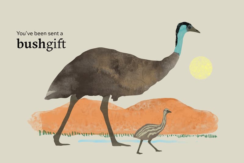A father emu walking with an Emu chick with the text: You've been sent a bushgift.