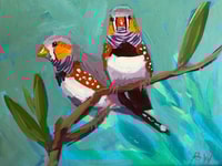 Zebra finches captured on canvas.