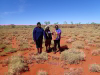 Margaret Katjibil, Lena Long and Caroline Long pointing to the large latrine site of a tjakura.