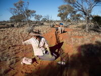 Bush Heritage Project Officer Kate Taylor checks a pitfall trap. Photo by Carly Earl/The Guardian.