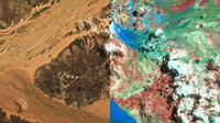 True colour satellite image (left) showing floodwaters flowing past Pullen Pullen and spectral analysis (right) revealing early signs of vegetation growth on the reserve.