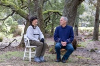 Tiahni Adamson with Bob Brown among trees at Oura Oura Reserve.