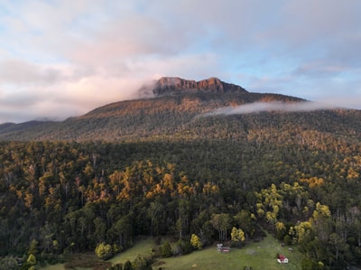Drone image of sunrise over Dry's Bluff in Liffey Valley Tasmania.