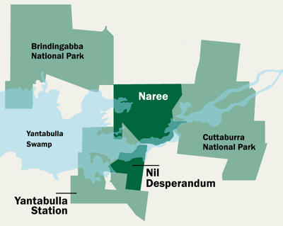 A map of reserves and national parks in the Yantabulla Swamp/Cuttaburra Creek landscape.
