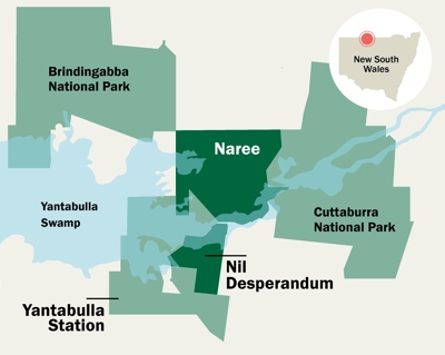 A map of reserves and national parks in the Yantabulla Swamp/Cuttaburra Creek landscape.