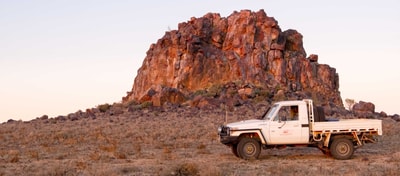 Ute in front of Dome Rock on Boolcoomatta Reserve. Photo Chris Shaw