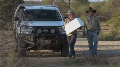 Staff carrying a white box from a vehicle.