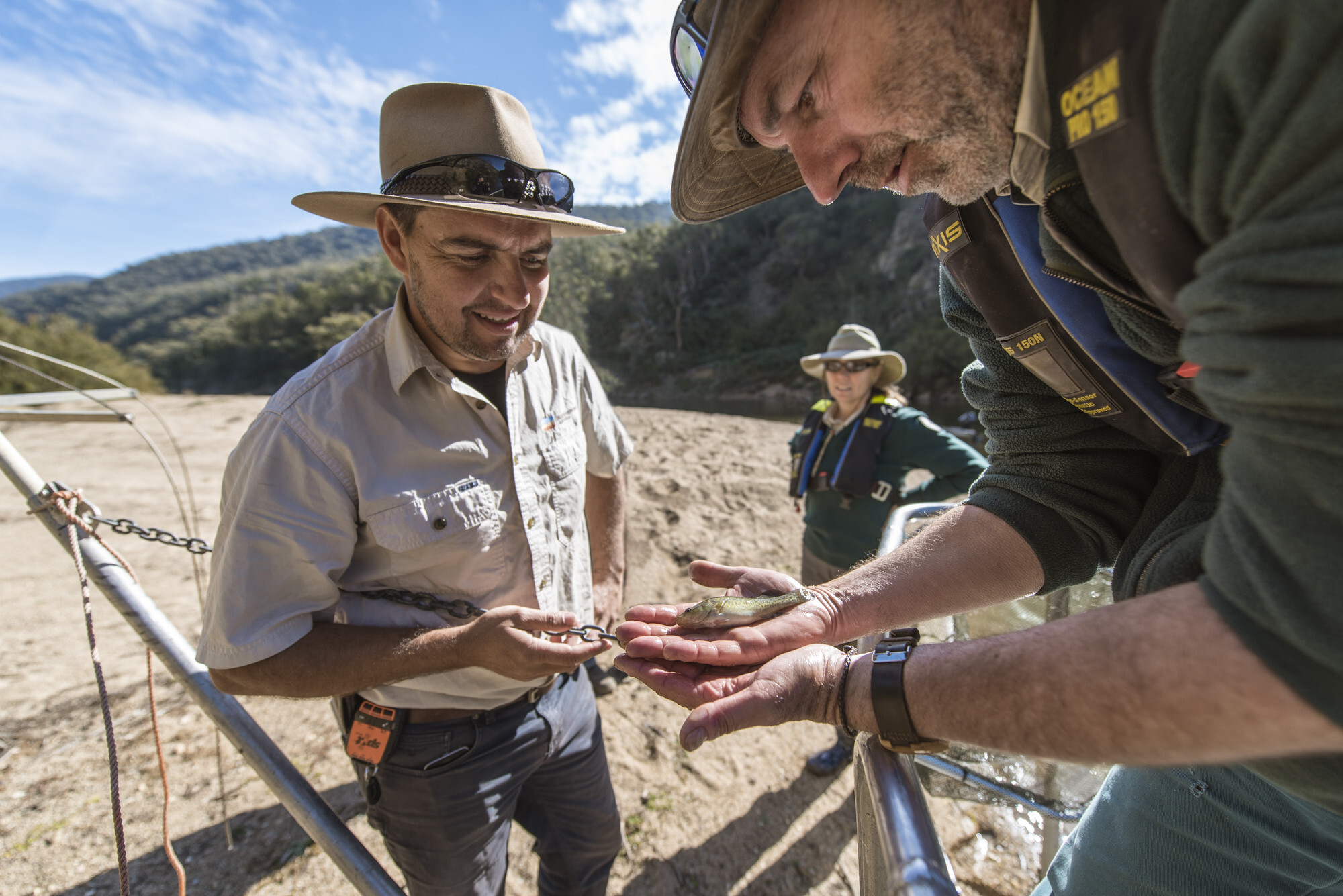 Mark Jekabsons and Phil Palmer with a Murray Cod fingerling.